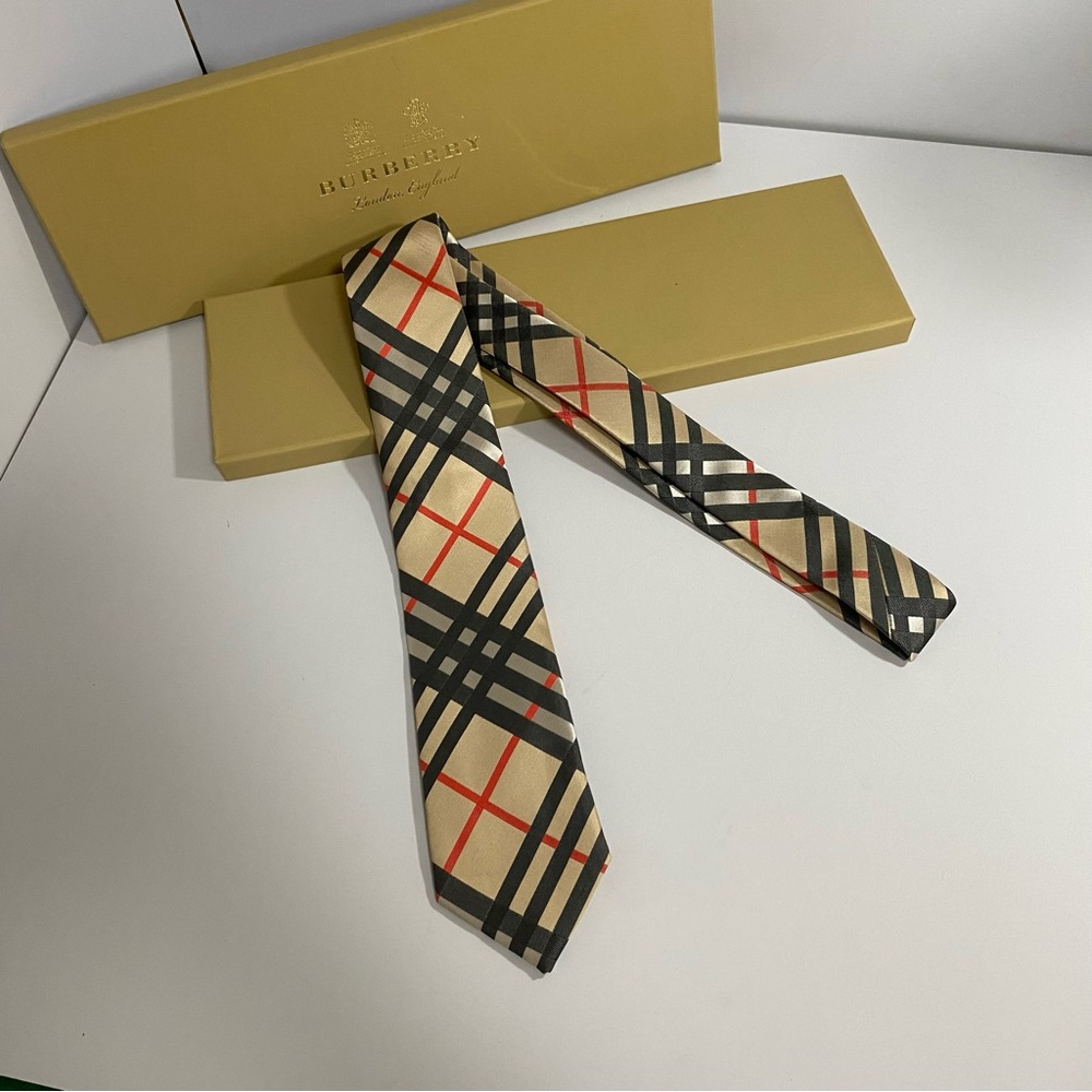 Burberry Men's Check Pattern Tie - Beige, Black, and Red
